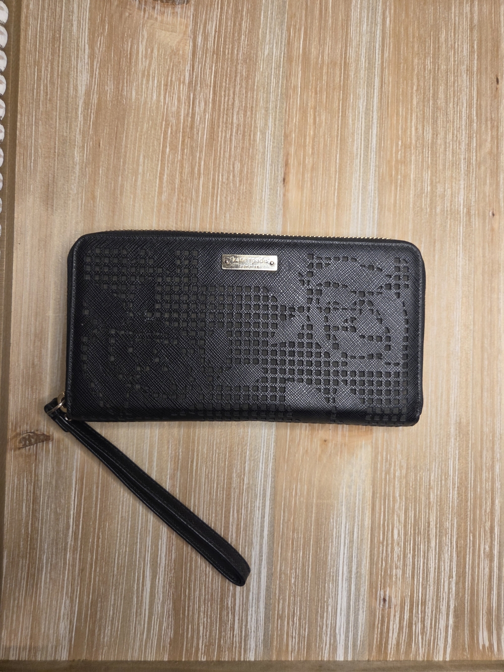kate spade Black Perforated Leather Zip-Around Wristlet Wallet